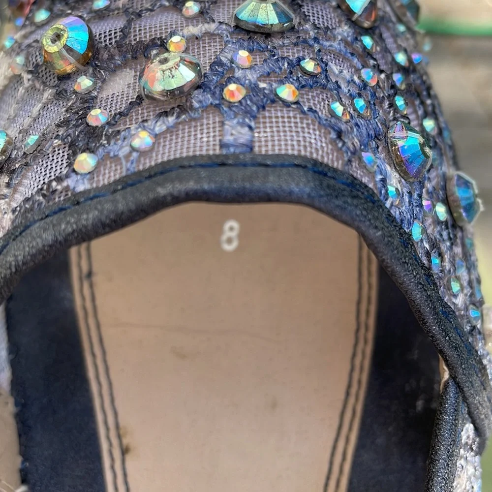 Navy Embellished Sequin Mesh Espadrilles Sz 8